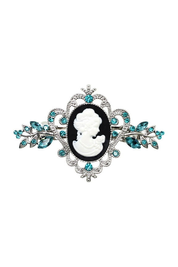 Gorgeous Teal Rhinestone Crystal Floral Portrait Cameo Hair Barrette Accessories