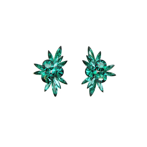 Faship Green Rhinestone Crystal Floral Clip On Earrings