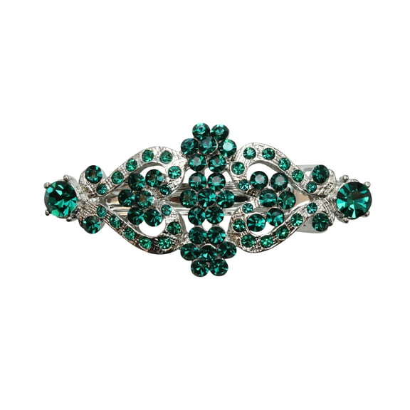 Faship Green Rhinestone Crystal Floral Double Hearts Hair Barrette Clip