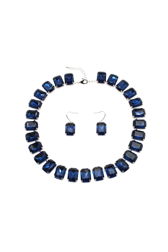 Navy Blue Rectangle Premium Rhinestone Crystal Statement Necklace Earrings Set