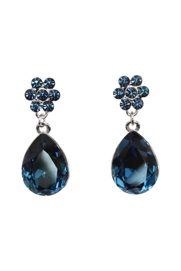 Navy Blue Teardrop Rhinestone Crystal Floral Dangling Earrings