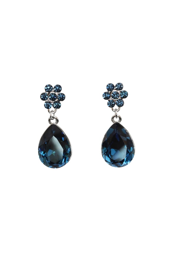 Navy Blue Teardrop Rhinestone Crystal Floral Dangling Earrings