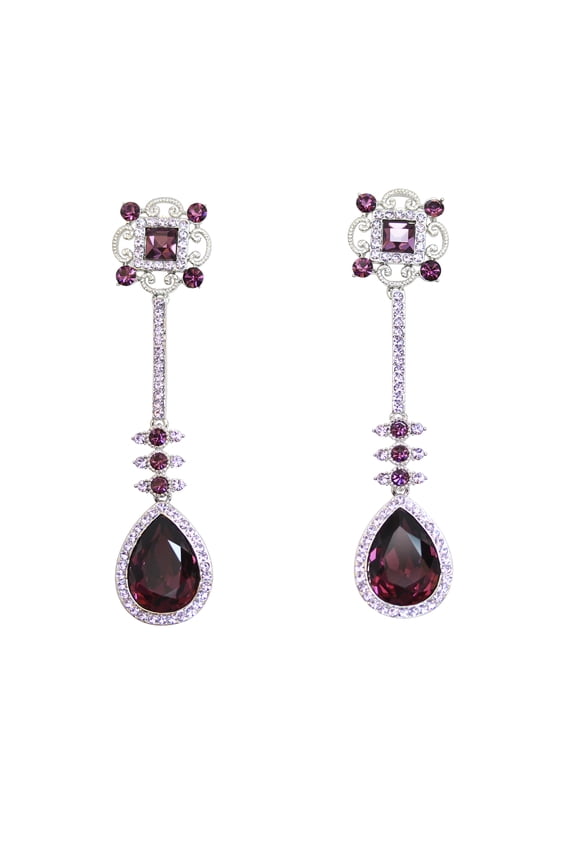 Purple Teardrop Rhinestone Crystal Dangling Floral Earrings