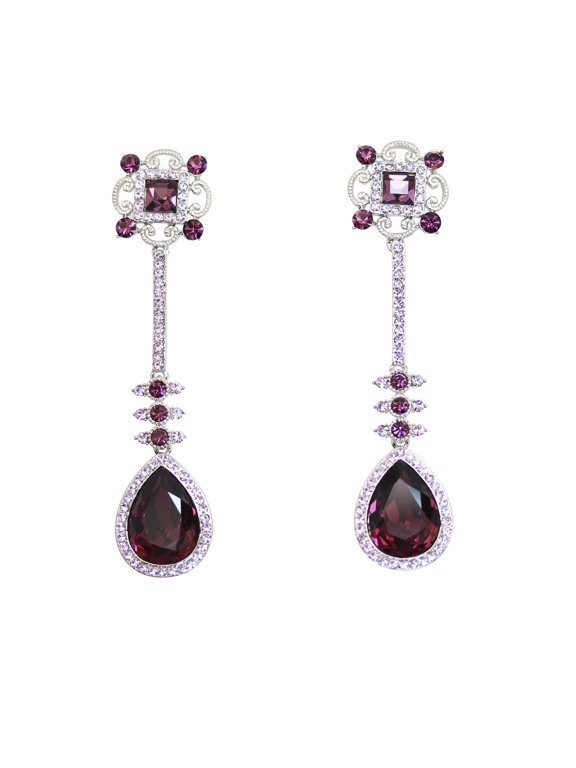 Purple Teardrop Rhinestone Crystal Dangling Floral Earrings