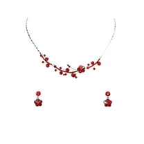 Faship Red Premium Rhinestone  Crystal Floral Necklace Earrings Set