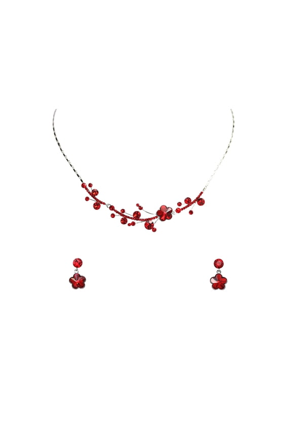 Red Premium Rhinestone  Crystal Floral Necklace Earrings Set