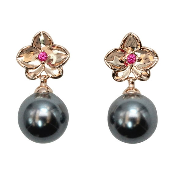 Faship Ruby Crystal Shell Pearls Orchid Flower Dangle Pierced Earrings