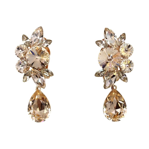 Faship Statement Champagne Premium Rhinestone Crystal Dangling Floral Clip On Earrings