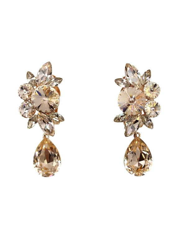 Statement Champagne Premium Rhinestone Crystal Dangling Floral Clip On Earrings