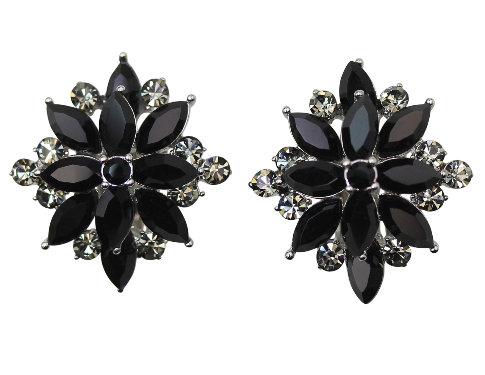 Faship Stunning Black Crystal Floral Clip On Style Earrings
