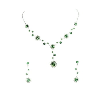 Faship Stunning Peridot Green Rhinestone Crystal Floral Necklace Earrings Set