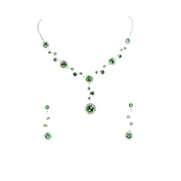 Faship Stunning Peridot Green Rhinestone Crystal Floral Necklace Earrings Set