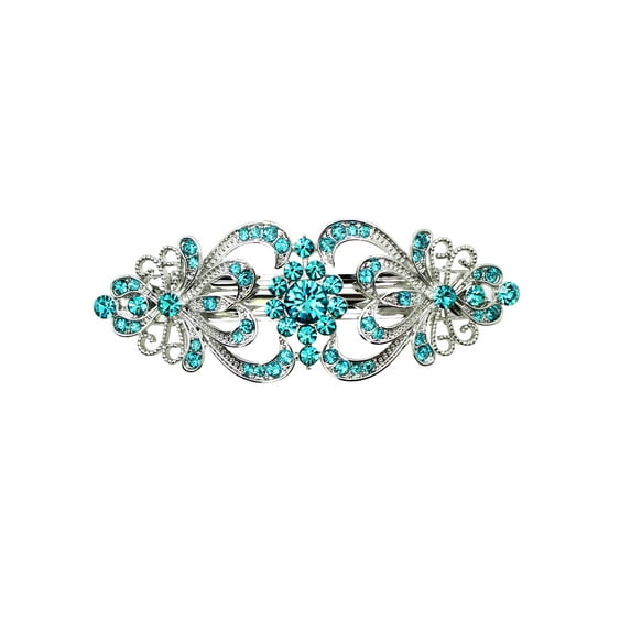 Faship Teal Rhinestone Crystal Floral Hair Barrette