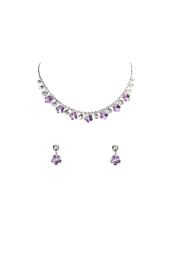 Violet Purple Floral Necklace Earrings Set