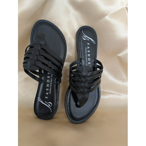 Fashostyle Women Strappy Thong Leather Slide - BLACK