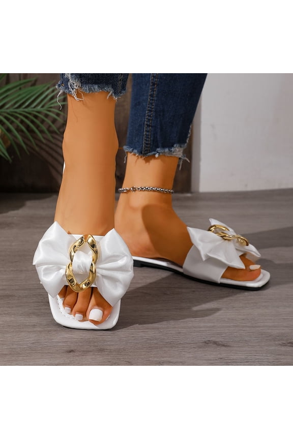 1 Counts Women's Satin Bow Mule Sandals Slip On Flat Shoes with Metal Buckle for Spring Summer Casual Outfits Comfortable Soft Sole Walking Shoes