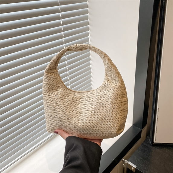 Fasiaou 1 Counts Women's Woven Handbag Polyester Shoulder Bag Casual Shopping Tote for Daily Use Lightweight Striped Purse
