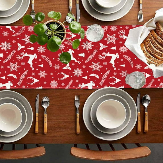 Fasiaou 1 Packs Christmas Table Runner Snowman Snowflake Holiday Dining Table Decor Flax Fabric Tablecloth for Festive Party Home Decor 33x183cm