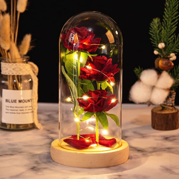 Fasiaou 1 Packs Eternal Rose LED Night Light with Glass Dome Romantic Home Decor Gift for Valentine's Day Anniversary Wedding Battery-Operated Mood Lamp for Bedroom