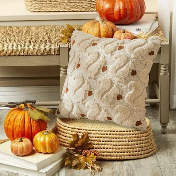 Fasiaou 2 Packs Autumn Leaves Embroidery Pillow Set Soft Flock Cover 3D Decorative Throw Pillows for Sofa Living Room Harvest Festival Holiday Home Decor 18x18 Inches Beige