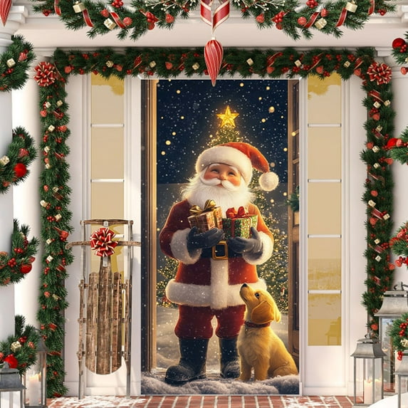 Fasiaou 2 Packs Christmas Door Cover Santa Claus Design Festive Holiday Decor Polyester 35x71 Inch for Front Door Indoor Party Christmas Tree Wall Decoration