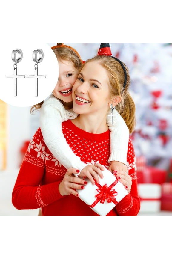 2 Pairs Punch-free Ear Clip Cross Earrings, Crucifix Drop Earrings, Jewelry Dangle Hinged Earrings,Silver Stainless Steel Cross Hoop Earrings Stud Earrings for Men and Women