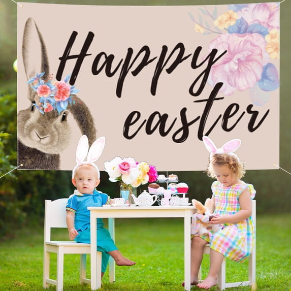 Fasiaou 3 Counts Easter Party Backdrop with Egg Bunny Design, Vinyl Photo Booth Background for Indoor Outdoor Celebrations, Holiday Decor Photography Prop