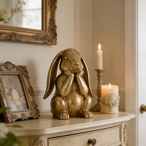 Fasiaou 8 Inch 3D Printed Easter Golden Rabbit Figurine, Intricate Gold Finish for Holiday Centerpiece and Home Decor, 20cm Tall,as show