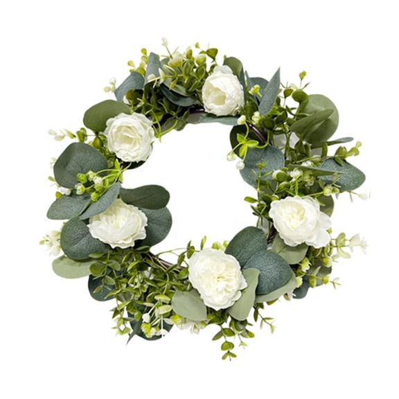 Fasiaou Artificial Peony Flower Wreath Vintage Blooming Silk Peonies Spring Summer Fall Winter Large Wreaths Flower Green Leaves for Outdoor Front Door Indoor Wedding Wall Or Window Décor,White