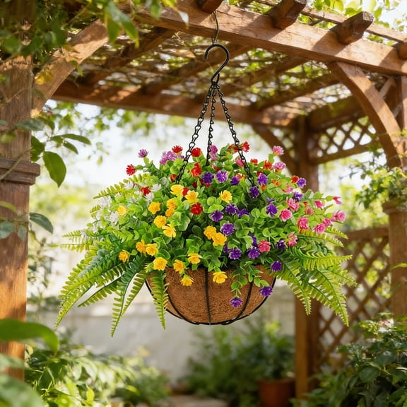 Fasiaou Artificial Violet Vine Hanging Basket Home Decor Realistic Coconut Fiber Planter for Indoor Outdoor Garden Wall Patio Faux Greenery Decoration with UV Protection