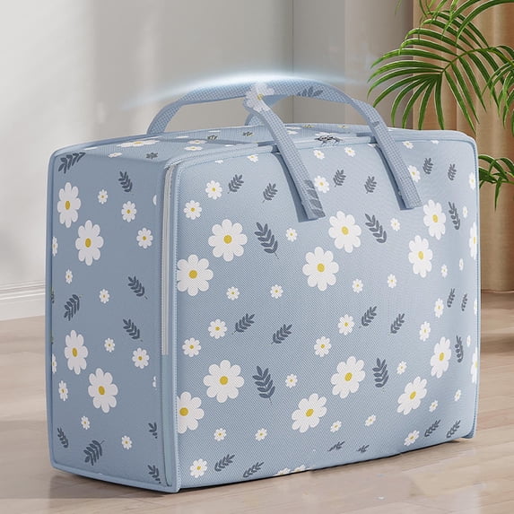 Fasiaou Breathable Canvas Cotton Soft Storage Bags with 3-side Zip Handles, Bedding, Sweaters, Clothes Organizer in Wardrobe, Blue Daisy Pattern, 1pcs