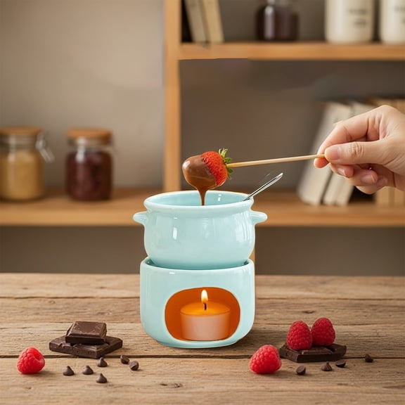Fasiaou Ceramic Chocolate Fondue Pot with Burners, Heatproof Melting Bowl for Dessert, Cheese & Ice Cream Topping, Home Kitchen Fondue Party Supplies Kit Includes Forks