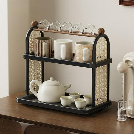 Fasiaou Cup Drying Rack with Drain Tray, Countertop Mug Holder, Multi-Functional Kitchen Storage Organizer Shelf for Glasses, Tumbler, Teacups, Spice Rack(Black)