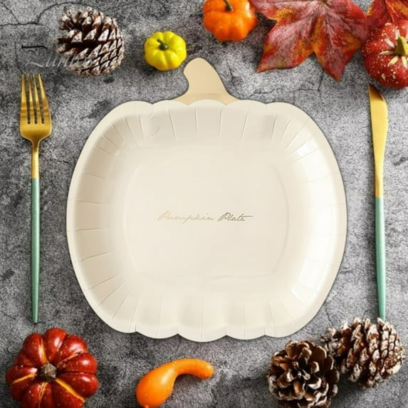 Fasiaou Disposable Pumpkin Paper Plates 10pcs Halloween Thanksgiving Party Dinnerware Eco Friendly Gold Foil Decor Fall Tableware for Snacks Desserts