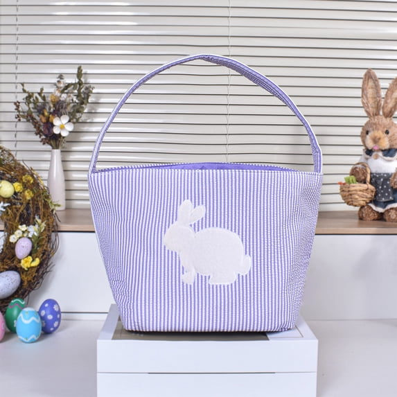 Fasiaou Easter Bunny Basket Seersucker Egg Bags for Kids,Personalized Candy Egg Basket Rabbit Print Buckets with Fluffy Tail Gifts Bags for Easter……,Purple