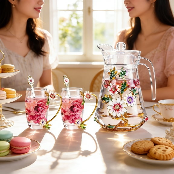 Fasiaou Floral Enamel Glass Pitcher with Cups and Spoons, Elegant Rose Design, Iced Tea Lemonade Beverage Server, Summer Home Decor and Gift for Women, Mom, Wife