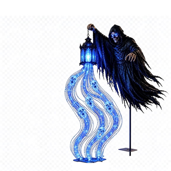 Fasiaou Halloween Blue LED Glowing Ghost Light Strip Skull Lanterns Spooky Yard Decoration Outdoor Courtyard Garden Porch Lawn Decor with Floor Socket Cemetery Scene Halloween Party Supplies