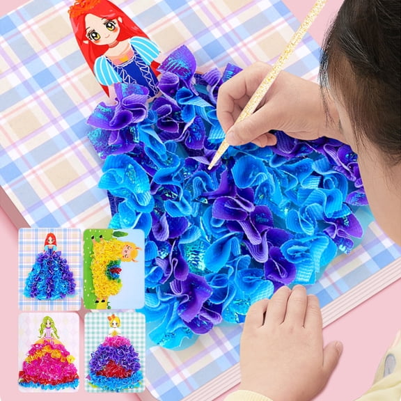 Fasiaou Store 2 Packs Princess Dress Up Poke Art Kit DIY Craft Set for Kids Party Activities Creative Painting Toys with 6 Colorful Fabrics and Poke Pen Gift