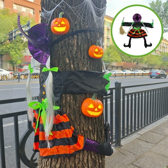 Fasiaou Store 3 Packs Halloween Witch Tree Decoration Outdoor Hanging Crashing Witch Prop with Broom White Hair Spooky Yard Decor for Party Haunted House