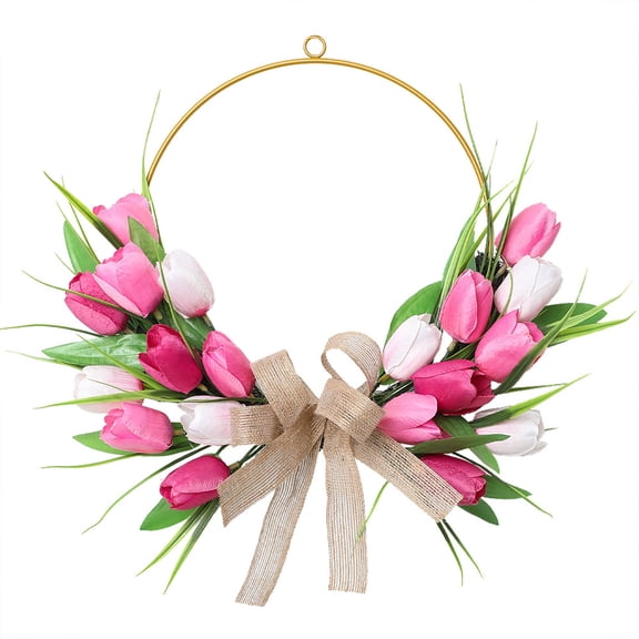 Fasiaou Tulip Wreaths for Front Door - Greenery Spring Wreath with Pink Tulip for Farmhouse Home Decor, Hanging Pink Wreath for Porch Wall Indoor Outdoor Wedding,D