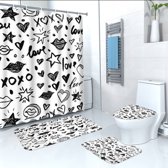 Fasiaou Valentine's Day Shower Curtain Floor Mat Four Piece Set Home Bathroom Dry Wet Separation Partition Shower Curtain Waterproof Shower Curtain,C