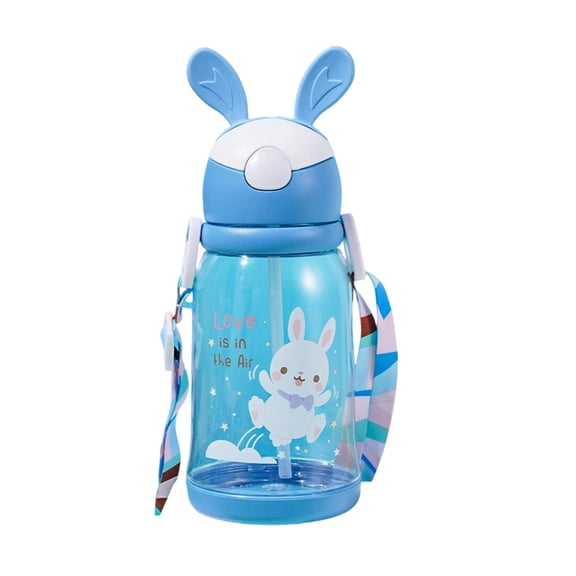Fasiaou Water Bottle with Straw,Cool Gradient color Lightning Rabbit shape & Stylish Strap,Leak Proof Cute Straw Cup,Kids Water Bottle for School,Blue