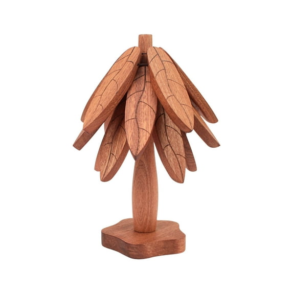 Fasiaou Wooden Trivets for Hot Dishes - Walnut Tree Shape Table Insulation Mat Set for Hot Pots and Pans Collapsible Coasters Heat Resistant Pads for Kitchen Counter 3 Wooden Trivet and 1 Stand