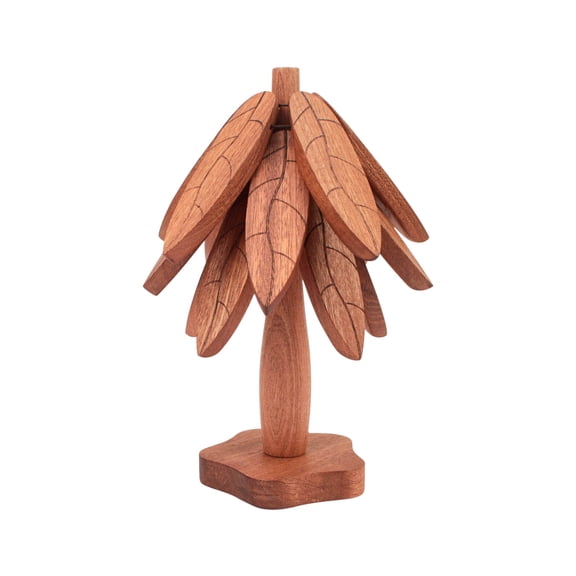 Fasiaou Wooden Trivets for Hot Dishes - Walnut Tree Shape Table Insulation Mat Set for Hot Pots and Pans Collapsible Coasters Heat Resistant Pads for Kitchen Counter 4 Wooden Trivet and 1 Stand