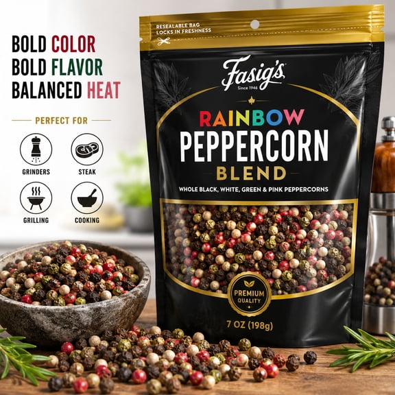 Fasigs Rainbow Peppercorns Blend, Whole Black White Green Pink Peppercorns, 7 oz Resealable Bag, Gourmet Mixed Pepper for Grinder, Cooking, Steak, Seasoning