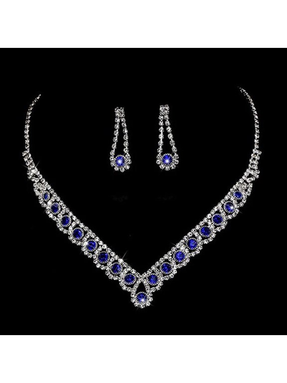Bride Necklace Women Necklace 1 Set Bride Necklace Elegant Blue Waterdrop Earrings Wedding Jewelry