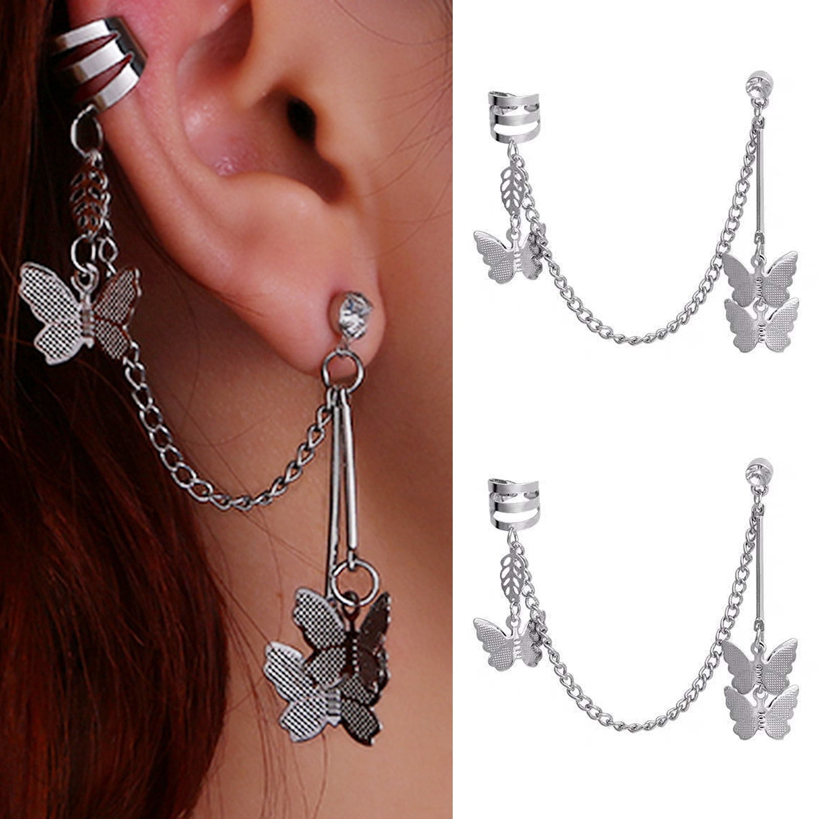 Fasijew Cartilage Butterflies Earrings Silver Color Chain Earrings ...