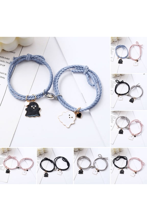 Couple Bracelet Comfortable Couple Bracelet Elastic Rope Love Heart Magnet Suction Bracelet 2Pcs Ghost Pendant Couple Bracelet Men Women Jewelry Gift