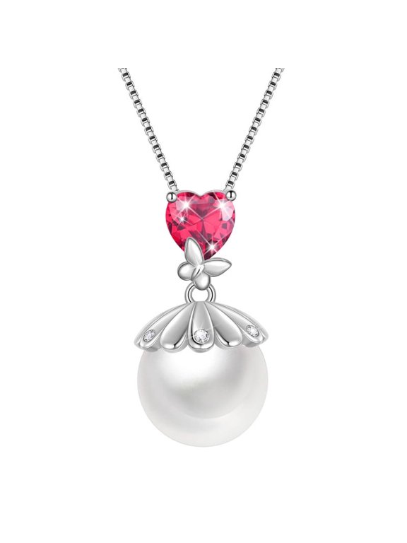 10mm Natural Pearl Heart Necklace,925 Sterling Silver Heart Birthstone Butterfly Pendant Necklace Birthday Anniversary Christmas Jewelry Gifts for Women / Wife / Lovers