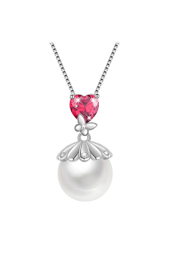 10mm Natural Pearl Heart Necklace,925 Sterling Silver Heart Birthstone Butterfly Pendant Necklace Birthday Anniversary Christmas Jewelry Gifts for Women / Wife / Lovers
